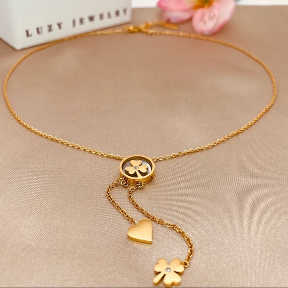 18K Gold Lucky Leave Charm Tassels Dainty Necklace - Picture 5 of 8